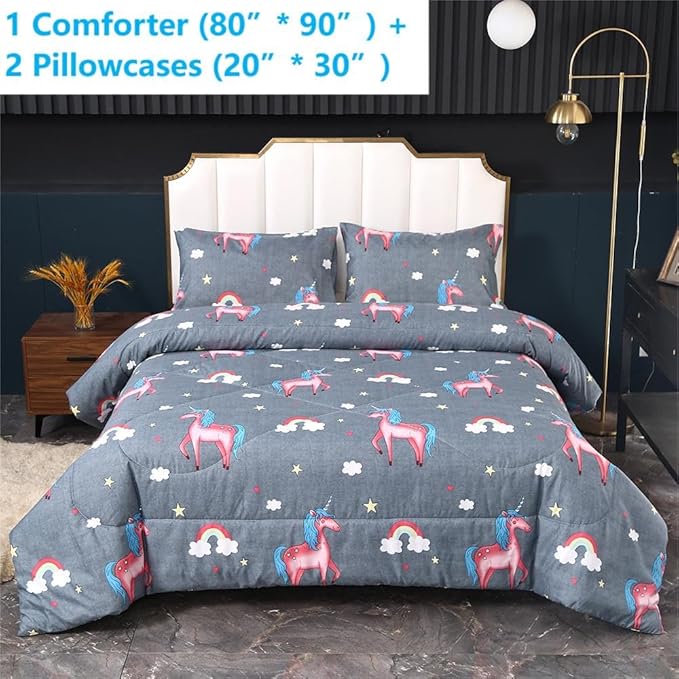 3PCS Gray Unicorn Comforter Set Full, Bed in a Bag Full Unicorn Bedding Set, Lightweight and Fade Resistant, Cute Room Decor for Boys Girls Toddler Kids and Teens, Full