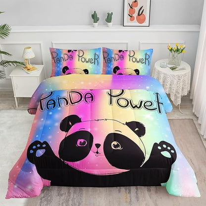 Datura home Bedding Comforter Set Rainbow Kawaii Cute Panda Printed Pattern with 1 and 2 Pillowcases for Girls Bedroom All Season(Panda Full) Full 80x90inches