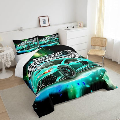 Teal Race Car Comforter Set Twin Size, Black White Lattice Bedding Set 2pcs for Kids Boys Teens Room Decor,Extreme Sport Games Quilt Set,Cool Modern Duvet Insert with 1 Pillowcase