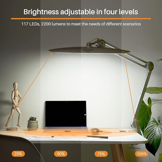 LED Desk Lamp with Clamp, Dimming Task Lamp for Reading Desktop Office Workbench Table Architect Sewing Study Home Craft, Bright 117PCS LEDs, 2200 Lumens 20 Inch Metal Swivel Arm Work Lamp