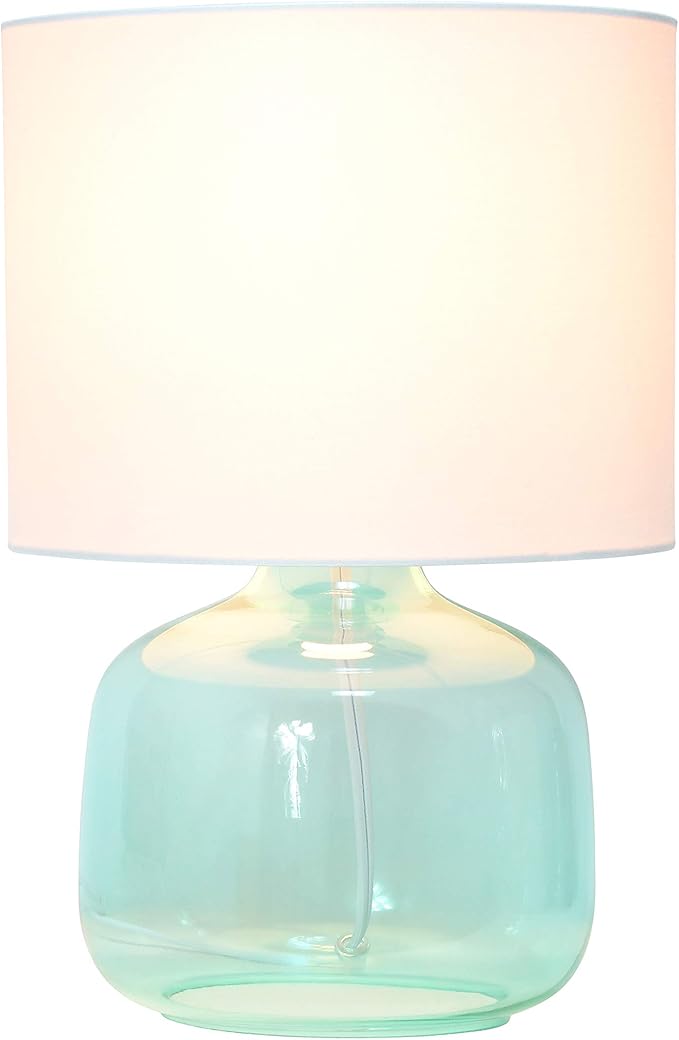 Simple Designs LT2064-AOW Aqua Glass Table Lamp with White Fabric Shade