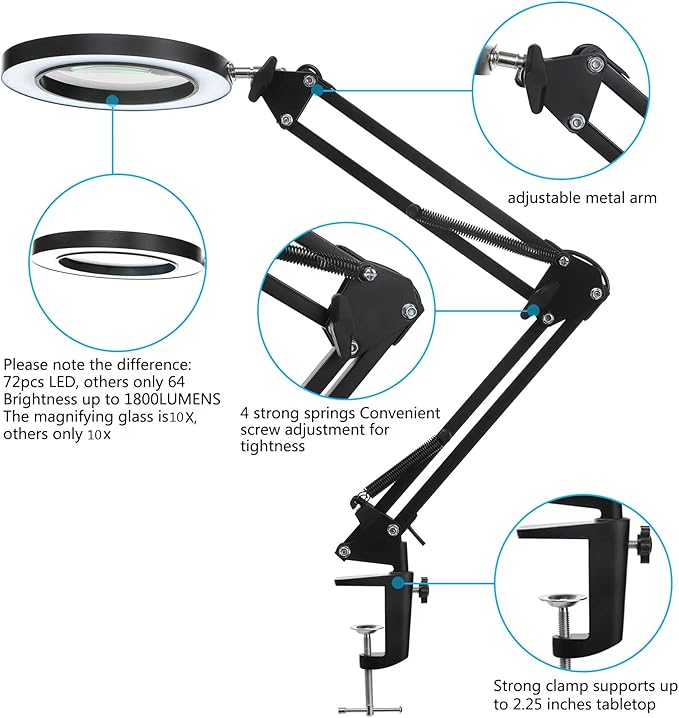 LED Magnifying Lamp with Clamp, 10X Real Glass Lens, 3 Color Modes and Stepless Dimmable Magnifier Desk Lamp,Adjustable Swivel Arm Lighted Magnifying Glass for Repair Craft Close Work-Black