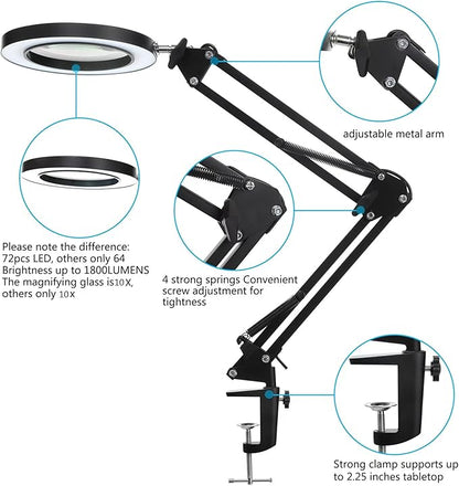 LED Magnifying Lamp with Clamp, 10X Real Glass Lens, 3 Color Modes and Stepless Dimmable Magnifier Desk Lamp,Adjustable Swivel Arm Lighted Magnifying Glass for Repair Craft Close Work-Black
