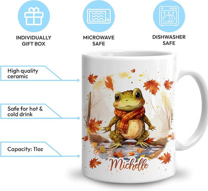 Hyturtle Personalized Fall Frog Maple Leaves Coffee Mug, Fall Autumn Décor | Birthday Gifts For Frog Lovers - Gifts For Farmhouse Thanksgiving - Custom Name 11oz White Ceramic Coffee Tea Mug