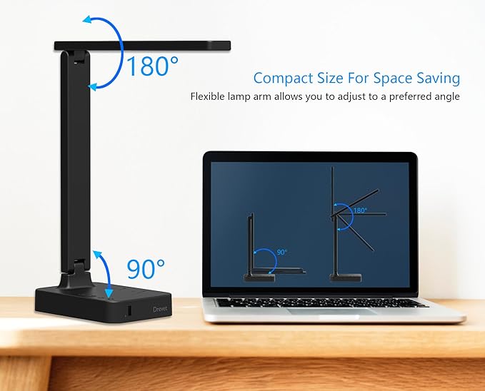Drevet LED Desk Lamp, Desk Light with 1 USB Charging Port and 2 AC Power Outlet, 3 Lighting Modes, 3 Level Brightness,1H Timer, Touch Control, Eye-Caring Home Office Foldable Table Lamp (Black)