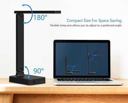Drevet LED Desk Lamp, Desk Light with 1 USB Charging Port and 2 AC Power Outlet, 3 Lighting Modes, 3 Level Brightness,1H Timer, Touch Control, Eye-Caring Home Office Foldable Table Lamp (Black)