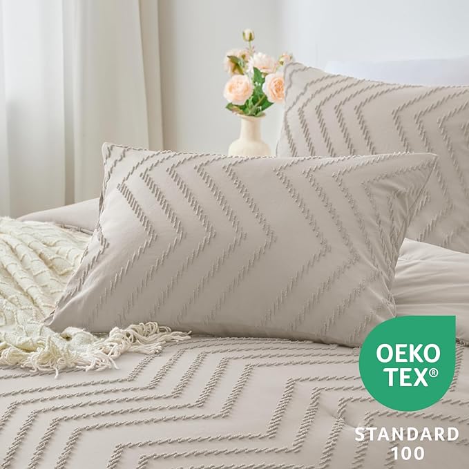 CozyLux California King Size Comforter Set Beige - 3 Pieces Cal King Boho Tufted Shabby Chic Bedding Comforter Set for All Seasons, Chevron Bedding Sets with Comforter & 2 Pillow Shams