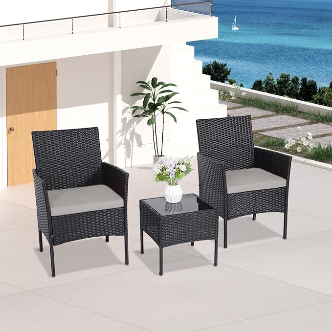Patio Set 3 Piece Outdoor Rattan Porch Furniture with Tempered Glass Side Table & Cushion All Weather Conversation Bistro Set for Balcony,Deck,Porch (Brown/Beige)