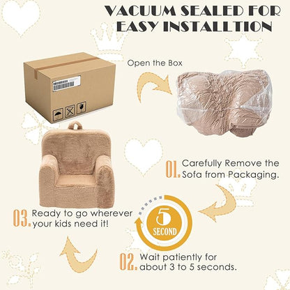 Snuggly-Soft Cuddly Toddler Plush Armchair for Boys and Girls Fuzzy Plush Kids Sofa Couch Reading Chair with Children Friendly Handle for Easy Movement & Double Pockets for Good Storage, Camel