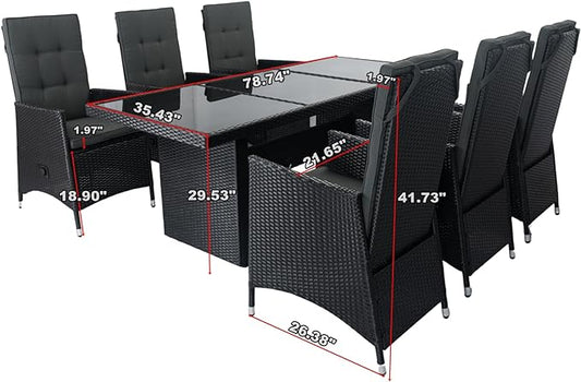 7-Piece Patio Dining, Outdoor Conversation Furniture Set with Adjustable Backrest Wicker + Dark Grey Cushion for Backyard, Balcony and Garden, Zj-Black