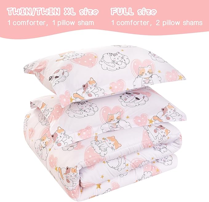 Cat Kids Comforter Set for Girls Twin, Cute Quilted Pink Heart Printed Bedding Set with Pillow Sham, Lightweight Soft Breathable Machine Washable Bed Set 2 Piece
