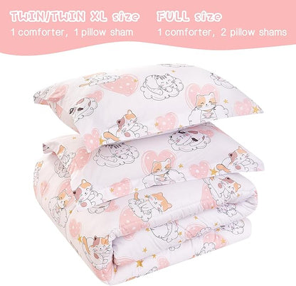 Cat Kids Comforter Set for Girls Full Size, Cute Quilted Pink Heart Printed Bedding Set with Pillow Sham, Lightweight Soft Breathable Machine Washable Bed Set 3 Piece