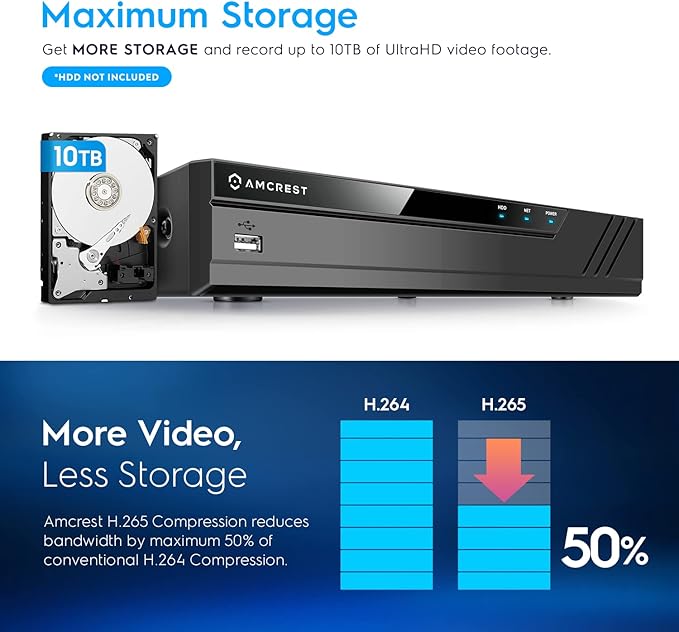 Amcrest NV4108E-A2 4K 8CH POE NVR (1080p/3MP/4MP/5MP/8MP) POE Network Video Recorder - Supports up to 8 x 8MP/4K IP Cameras, 8-Channel Power Over Ethernet Pre-Installed 4TB Hard Drive (NV4108E-4TB)