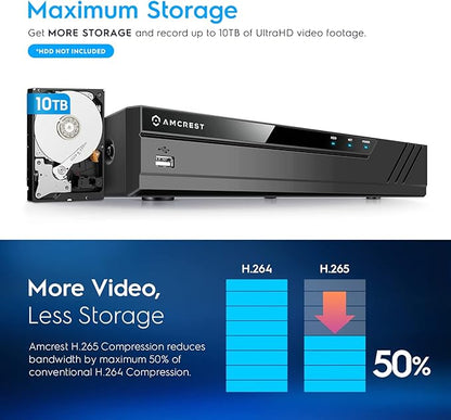 Amcrest NV4108E-A2 4K 8CH POE NVR (1080p/3MP/4MP/5MP/8MP) POE Network Video Recorder - Supports up to 8 x 8MP/4K IP Cameras, 8-Channel Power Over Ethernet Supports up to 10TB HDD (Not Included)