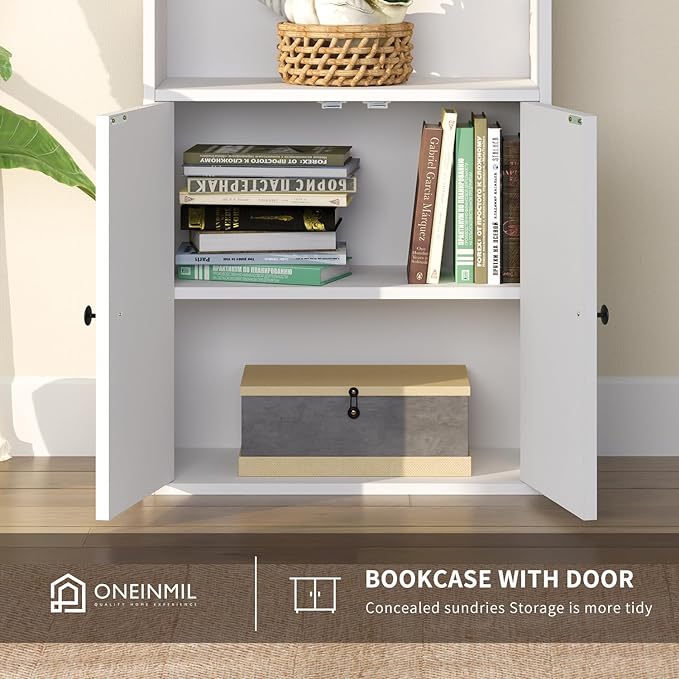 oneinmil 6 Tier Bookshelf and Bookcase, Wooden Bookshelves with Cabinet Doors, Floor Bookshelves and Office Storage Cabinets for Home Office, Living Room,White