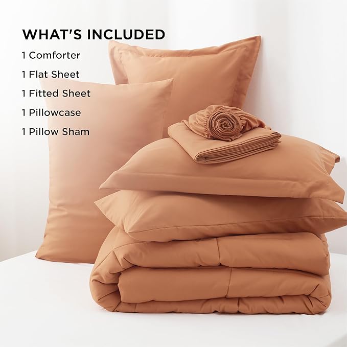 Bedsure Burnt Orange Twin Comforter Set - 5 Pieces Solid Twin Bed in a Bag, Twin Bed Set Burnt Orange with Quilted Warm Fluffy Comforters, Sheets, Pillowcase & Sham