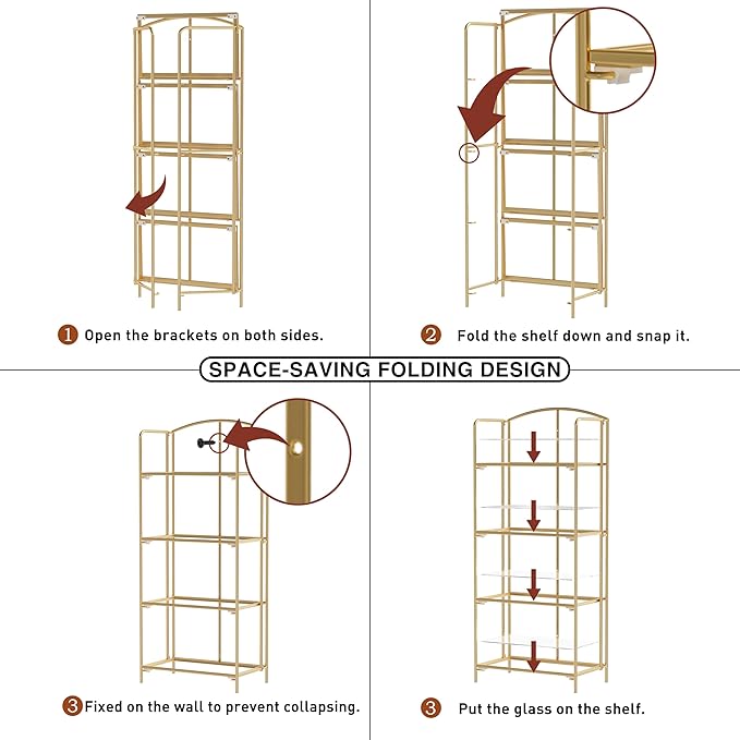 No Assembly Folding Bookshelf, 4 Tier Gold Bookshelf, Metal Book Shelf for Storage, Folding Bookcase for Office Organization and Storage, 12.6" D x 22.44" W x 55.51" H