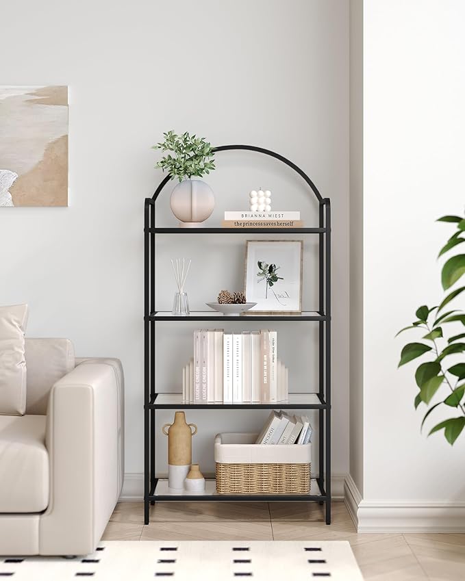 Bookcase Bookshelf, Tempered Glass Bookshelves, Slim Shelving Unit for Bedroom, Bathroom, Home Office, Steel Frame, 4 Tier Black BC21499B