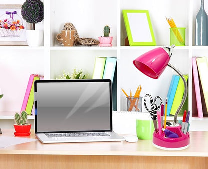 Simple Designs LD1015-PNK Flossy Organizer Desk Lamp with Charging Outlet and Lazy Susan Base, Pink