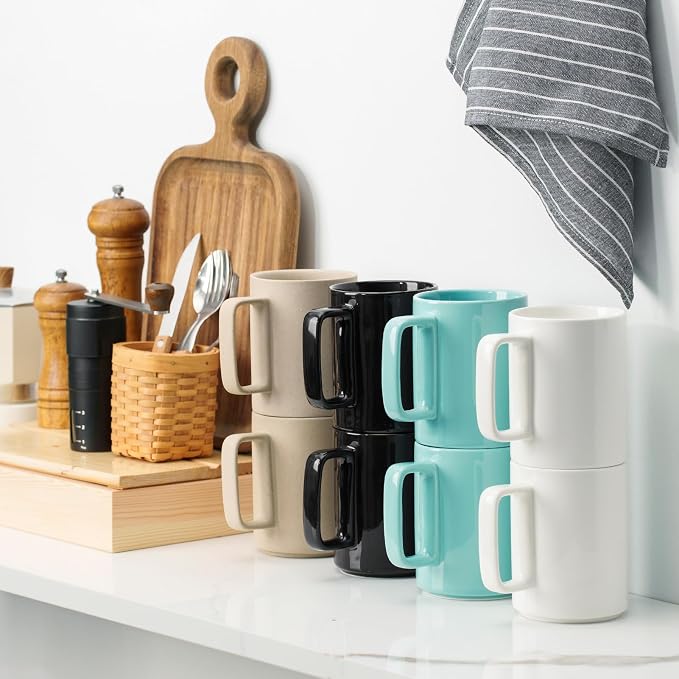 E-liu Large 15 Ounces Porcelain Coffee Mug Tea Mugs Set of 6 | Cups for Coffee, Tea, Cocoa, and Mulled Drinks , Dishwasher & Microwave Safe Gift Sets, BlacK White Grey