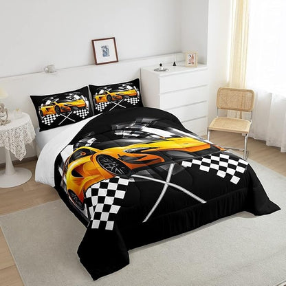 Yellow Race Car Comforter Set Queen Size, Black and White Grid Quilt Set Extreme Sport Games Bedding Comforters 3pcs for Kids Teens Boys Room Decor,Soft Modern Duvet Set with 2 Pillowcases
