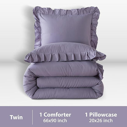 Andency Purple Twin Size Comforter(66x90Inch), 2 Pieces(1 Ruffle Comforter and 1 Pillowcase) Solid Farmhouse Shabby Chic Comforter, Lighteweight and Soft Microfiber Bedding Set