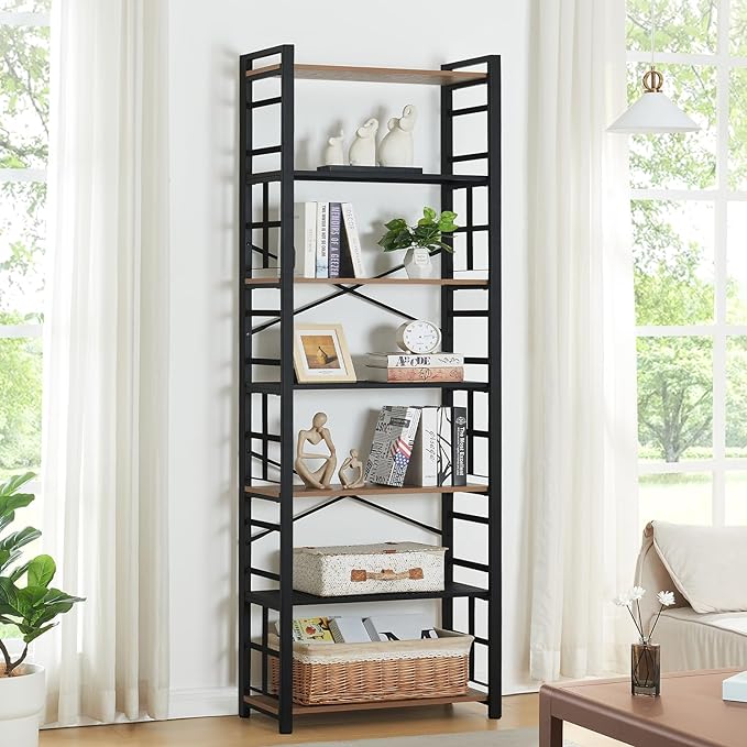 HOMBAZAAR Bookshelf,7 Tier Tall Bookshelf with Metal Frame,Open Bookshelves and Bookcases,Industrial Book Shelf for Living Room,Home Office and Bedroom,Rustic Brown
