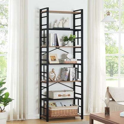 HOMBAZAAR Bookshelf,7 Tier Tall Bookshelf with Metal Frame,Open Bookshelves and Bookcases,Industrial Book Shelf for Living Room,Home Office and Bedroom,Rustic Brown