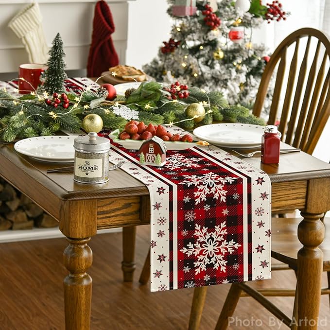 Artoid Mode Buffalo Plaid Snowflakes Christmas Table Runner, Seasonal Winter Kitchen Dining Table Decoration for Home Party Decor 13x60 Inch