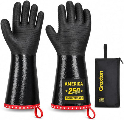 PRO BBQ Gloves, Black Neoprene, 14-Inch, Heat Resistant up to 932°F, Waterproof with Cotton Lining, America 250th Anniversary Edition, Includes Storage Bag (Close Fit-14INCH-932℉-PRO)