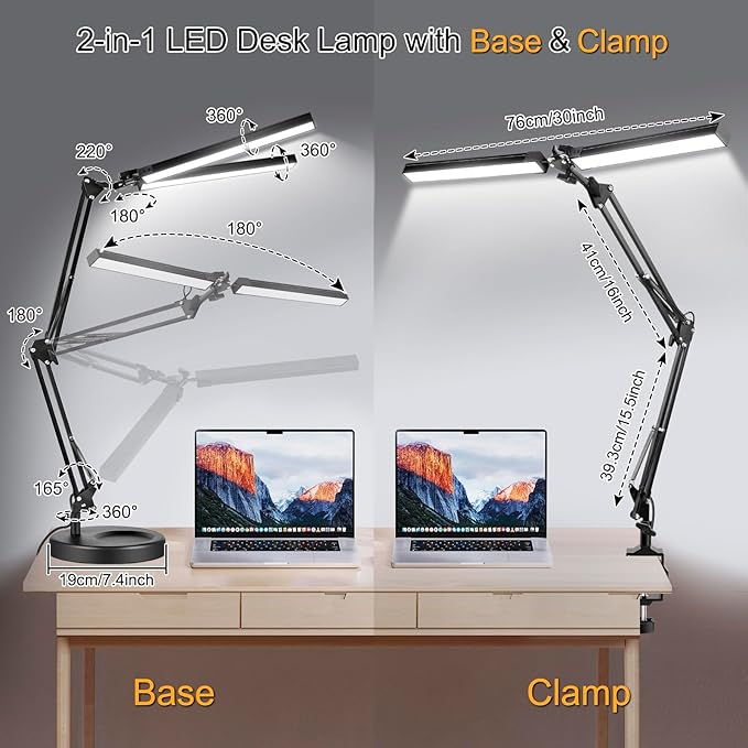 2-in-1 LED Desk Lamp, 24W Brightestwith Table Lamp with Clamp, Desk Light with Flexible Swing Arm,3 Color Modes Stepless Dimmable Double Head Architect Desk Lamps for Home Office Workbench Reading