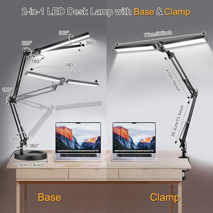 2-in-1 LED Desk Lamp, 24W Brightestwith Table Lamp with Clamp, Desk Light with Flexible Swing Arm,3 Color Modes Stepless Dimmable Double Head Architect Desk Lamps for Home Office Workbench Reading
