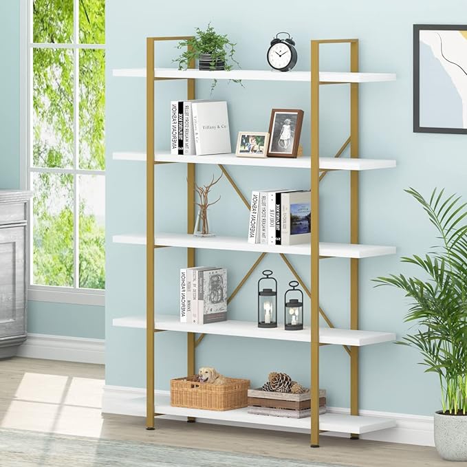 HSH 5 Tier White and Gold Bookshelf, Tall Storage Bookshelves for Bedroom Living Room Office, Metal and Wood Large Book Shelves, Modern Vertical 5 Shelf Bookcase, Farmhouse Big Open Display Book Shelf