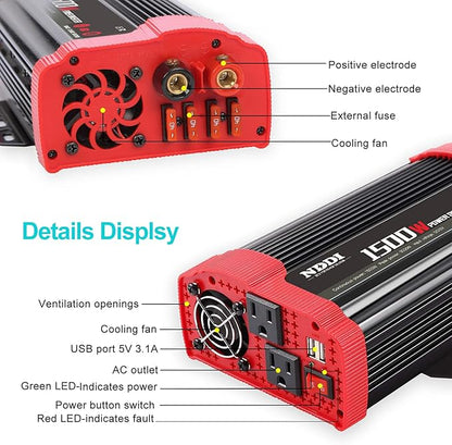 1500W Car Power Inverter 12V DC to 110V AC Car Converter Charger Adapter with Dual 3.1A USB Port and AC Outlets Quick Charging