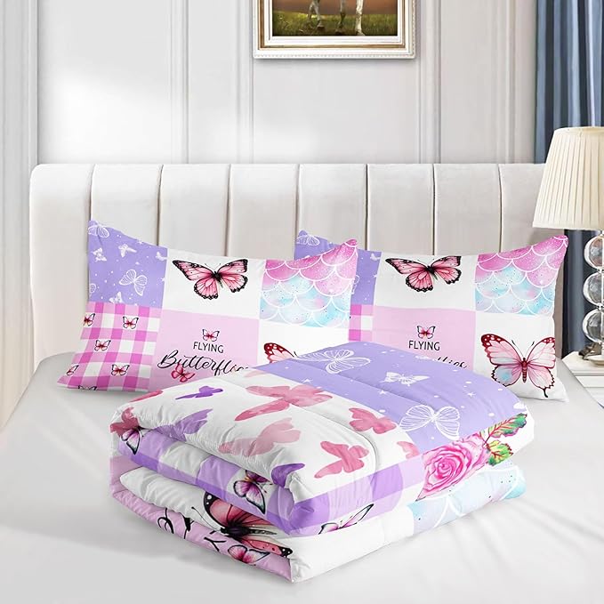 Datura home Kids Comforter Set Mermaid Scale Butterfly Printed Pattern Bedding Set with 1 Comforter and 2 Pillowcases for Girls Boys Bedroom All Season(Mermaid1 Queen)