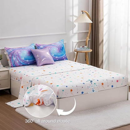 Btargot Super Soft 6 Pieces Gradient Star Ring Comforter Set, Colorful Glitter Rainbow Star Pattern Bedding Set for Boys Girls Teens, Twin Purple