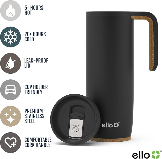 Ello Magnet 18oz Vacuum Insulated Stainless Steel Travel Mug with Side Handle and Leak-Proof Slider Lid and Built-in Coaster, Keeps Hot for 5 Hours, Perfect for Coffee or Tea, BPA-Free