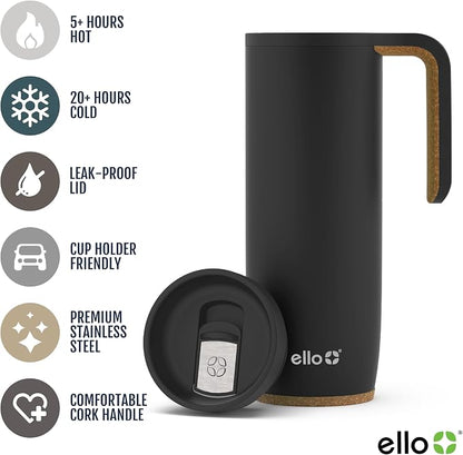 Ello Magnet 18oz Vacuum Insulated Stainless Steel Travel Mug with Side Handle and Leak-Proof Slider Lid and Built-in Coaster, Keeps Hot for 5 Hours, Perfect for Coffee or Tea, BPA-Free