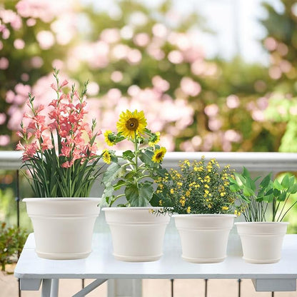 11 Inch Plastic-Flower-Pot-for-Indoor-Plants, 4 Pack Large Outdoor Planter Pot with Drainage Holes & Saucers, Resin Decorative Garden Pots Planters