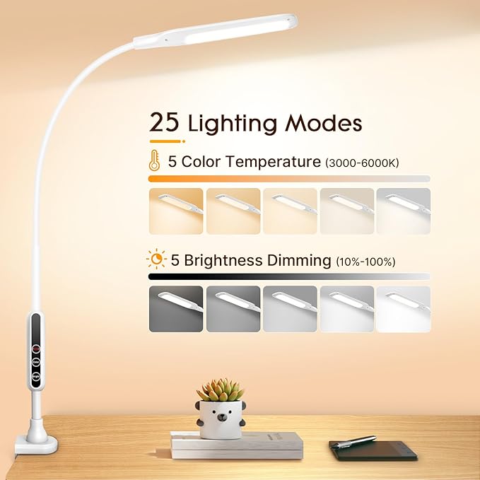LED Desk Lamp with Clamp, Workbench Light, 10W Eye-Caring Desk Lights, 5 Brightness Levels with Remote Control, Flexible Gooseneck Task Lamp for Office Work Drawing Study Lamp (White)