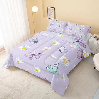 Butterfly Comforter Set for Kids Teens Girls Women,Daisy Kids Comforter,1 Comforter with 2 Pillowcase, Microfiber 3 Piece Bedding Set,for All Seasons(Purple，Twin Size)