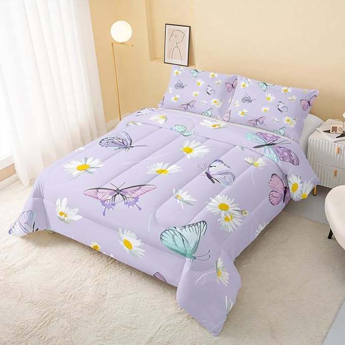Butterfly Comforter Set for Kids Teens Girls Women,Daisy Kids Comforter,1 Comforter with 2 Pillowcase, Microfiber 3 Piece Bedding Set,for All Seasons(Purple，Full Size)