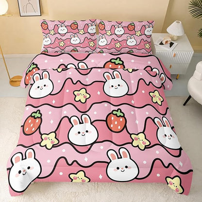 Kawaii Rabbit Comforter,Strawberry Rabbit Comforter Set for Kids Teens Girls,3Pcs Bedding Set Printed Comforter with 2 Pillowcases,Down Alternative,Soft and Lightweight(Pink，Full Size)