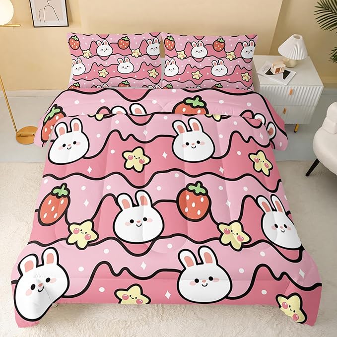 Kawaii Rabbit Comforter,Strawberry Rabbit Comforter Set for Kids Teens Girls,3Pcs Bedding Set Printed Comforter with 2 Pillowcases,Down Alternative,Soft and Lightweight(Pink，King Size)