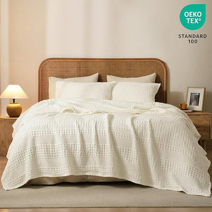 PHF 100% Cotton Waffle Weave Blanket King Size, Soft Lightweight Breathable Cozy Summer Blankets for Bed, Luxury Aesthetic Woven Bedding for Home Decor, 108"x90", Cannoli Cream