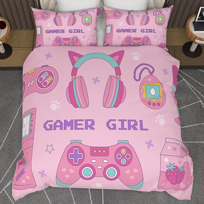 Video Game Twin Size Comforter Set for Girls Kids Teens 3D Gaming Controller Pattern Gamepad Print Bedding Set- 3 Piece Pink Quilt with 2 Pillowcases (68"x90")