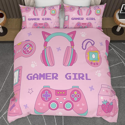 Video Game Full Size Comforter Set for Girls Kids Teens 3D Gaming Controller Pattern Gamepad Print Bedding Set- 3 Piece Pink Quilt with 2 Pillowcases (80"x90")