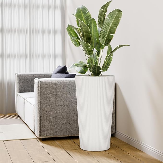 23.6" Tall Planters for Outdoor Plants,Large Outdoor Planters for Front Porch Decor with Drainage Hole, Flower Pots Fits Indoor Plants Patio/Garden, Plastic Striped White (2 Pack)