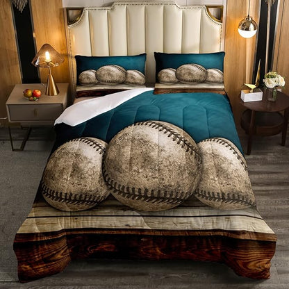 Erosebridal Teens Baseball Comforter Set Full,Kids Retro Grunge Baseball Bedding Set for Boys Bedroom,Sports Games Bedding Comforter Set Teal Vintage Wooden Board Quilt Duvet Sets 2 Pillow Cases