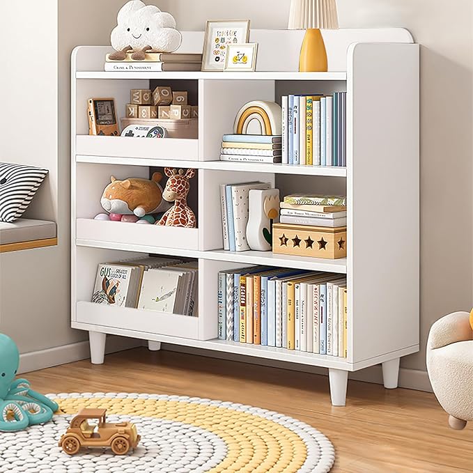 Wooden Cube Bookcase with Legs - 3-Tier Open Shelf Kidsroom Sorted Storage Cabinet Organizer for Books and Toys, 6-Cube Lattice Cute Cubby Bookshelf in Pearl White, 32" W